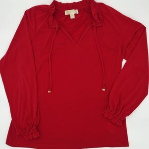 Michael Kors Red Tie Neck Ruffle Blouse Long Sleeve Work Office Size Small Chic